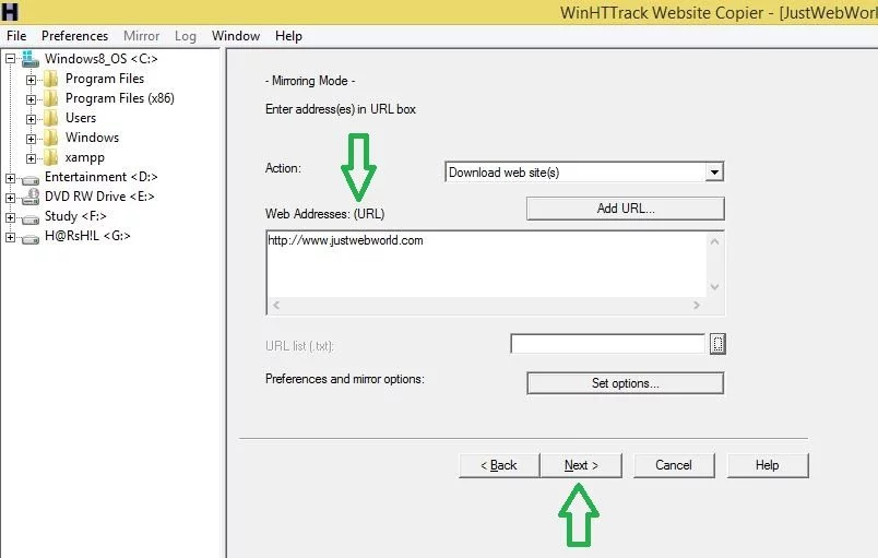 Download a website using httrack
