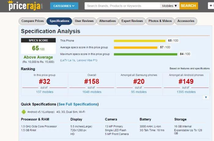 PriceRaja: One Stop Solution for Online Shoppers 2 Specifications score and Value