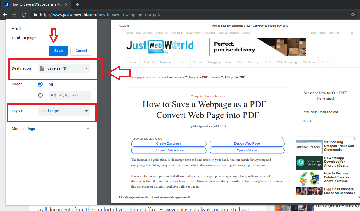 How to Save a Webpage as a PDF - Convert Web Page to PDF \u2013 JustWebWorld