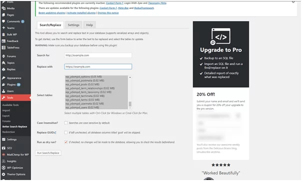 Better Search Replace plugin 