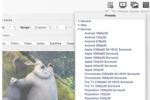 Handbrake presets