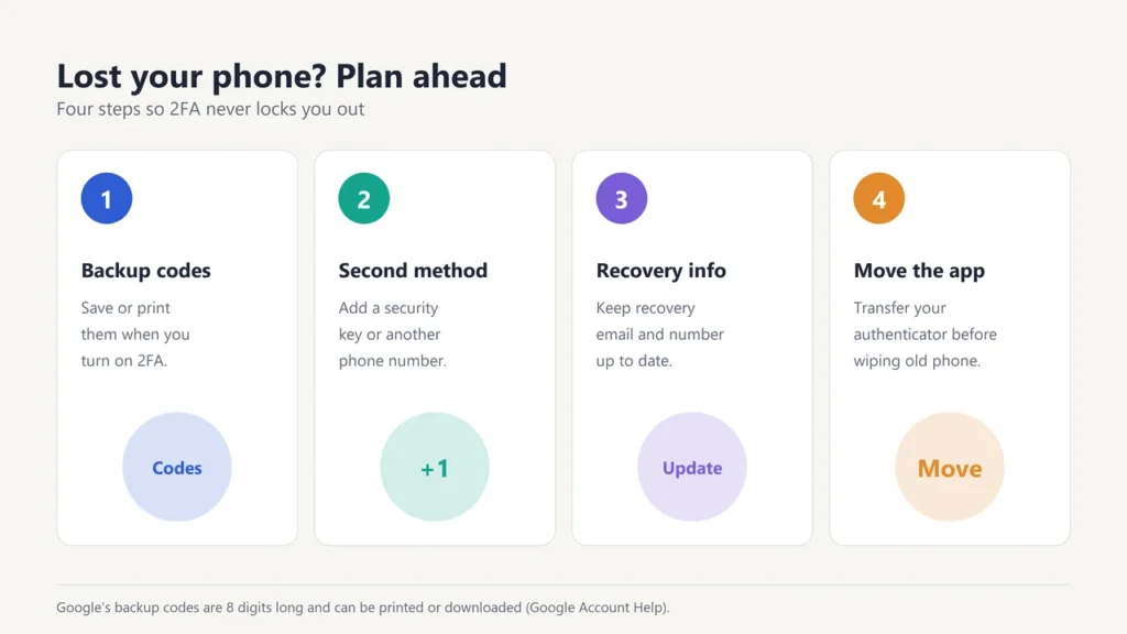 Four steps so 2FA never locks you out: backup codes, a second method, recovery info, moving the authenticator app