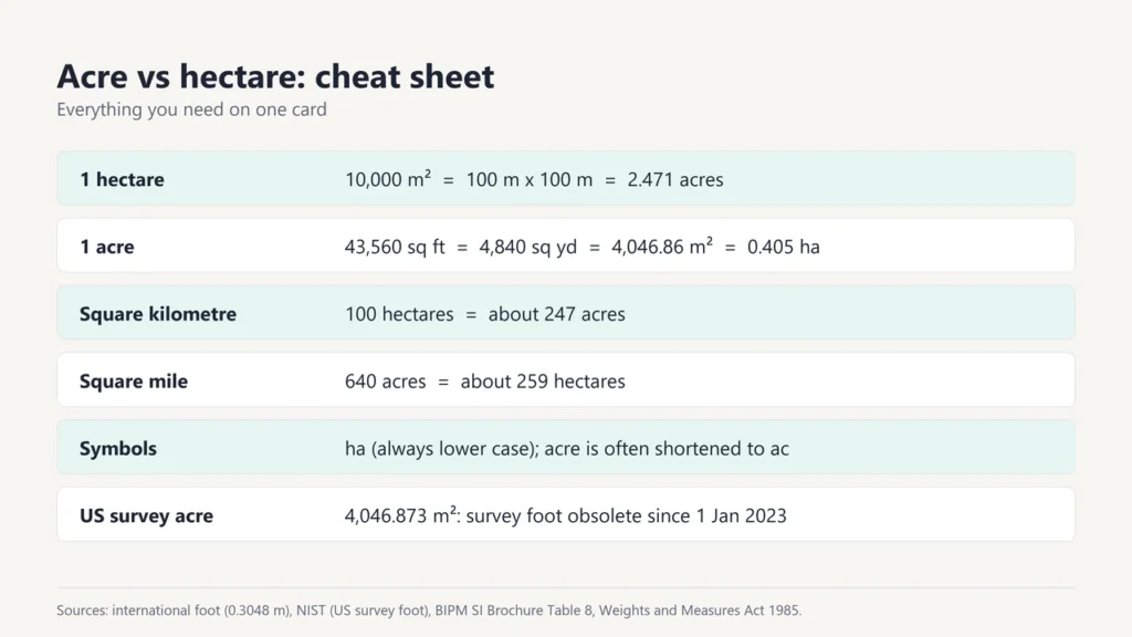 Cheat sheet: 1 hectare is 10,000 square metres or 2.471 acres; 1 acre is 43,560 square feet or 0.405 hectares; square kilometre and square mile equivalents