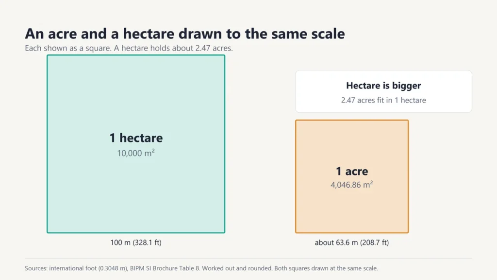 A 1-hectare square 100 m a side next to a 1-acre square about 63.6 m a side, drawn to the same scale