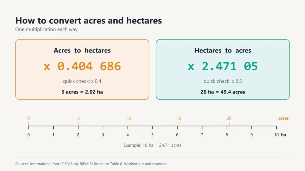 Conversion cards: acres to hectares multiply by 0.404686, hectares to acres multiply by 2.47105, with a number line of 0 to 10 hectares and matching acres