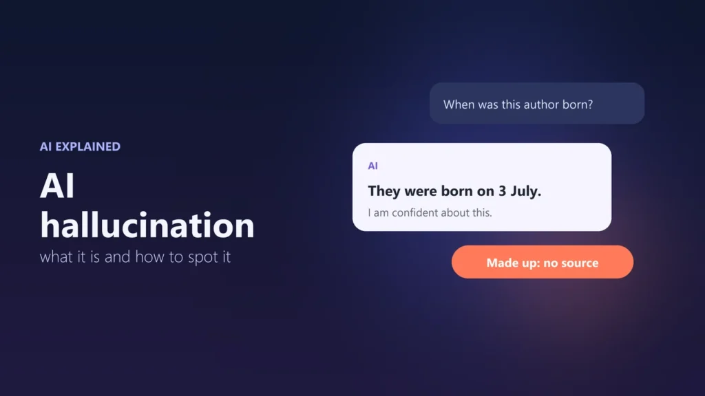Illustration of an AI chat answer stating a made-up birth date, tagged as made up with no source