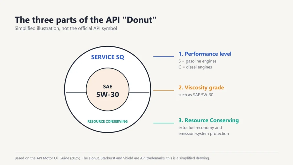 Simplified drawing of the API Donut symbol showing the service category at the top, the SAE viscosity grade in the centre and Resource Conserving at the bottom