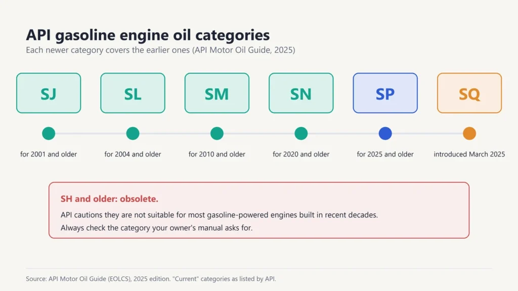 Timeline of API gasoline oil categories SJ, SL, SM, SN, SP and SQ, with SQ introduced in March 2025 and SH and older marked obsolete
