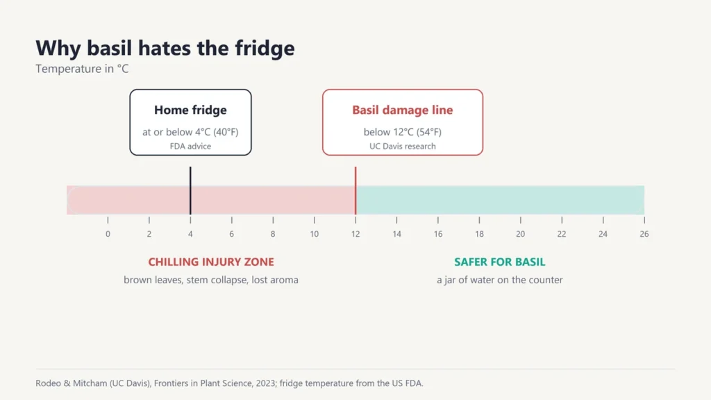 Temperature scale showing a home fridge at or below 4 degrees Celsius, inside the basil chilling injury zone below 12 degrees Celsius