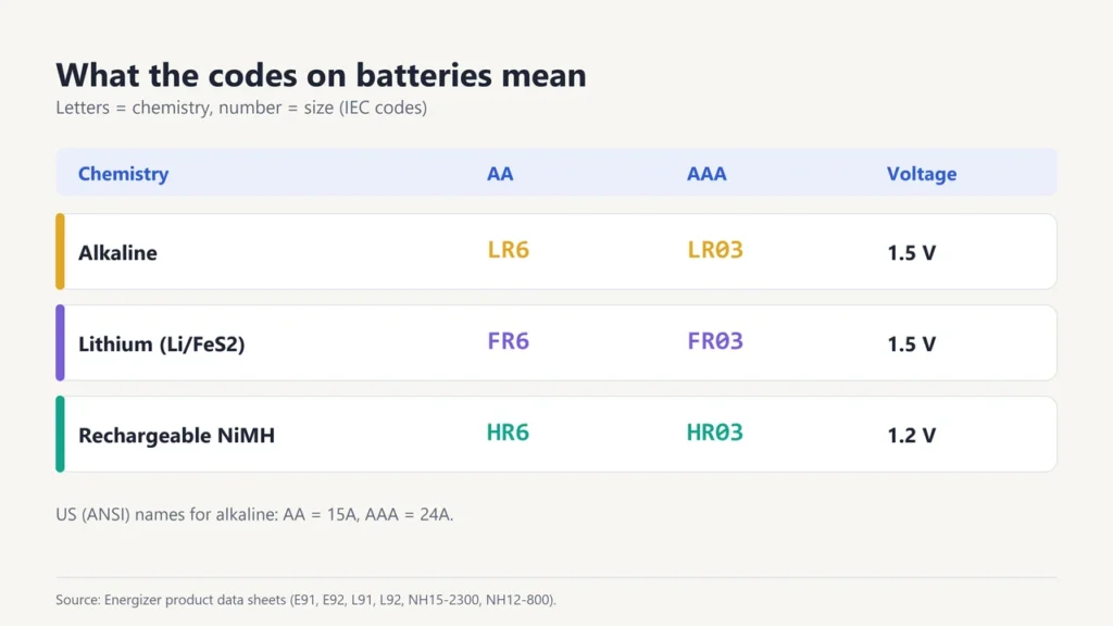 Table of battery codes: alkaline LR6 and LR03, lithium FR6 and FR03, rechargeable HR6 and HR03