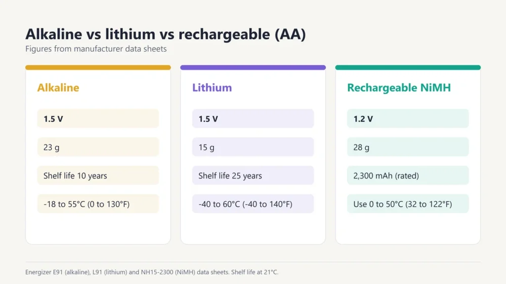 Comparison of alkaline, lithium and rechargeable NiMH AA batteries by voltage, weight, shelf life and temperature range