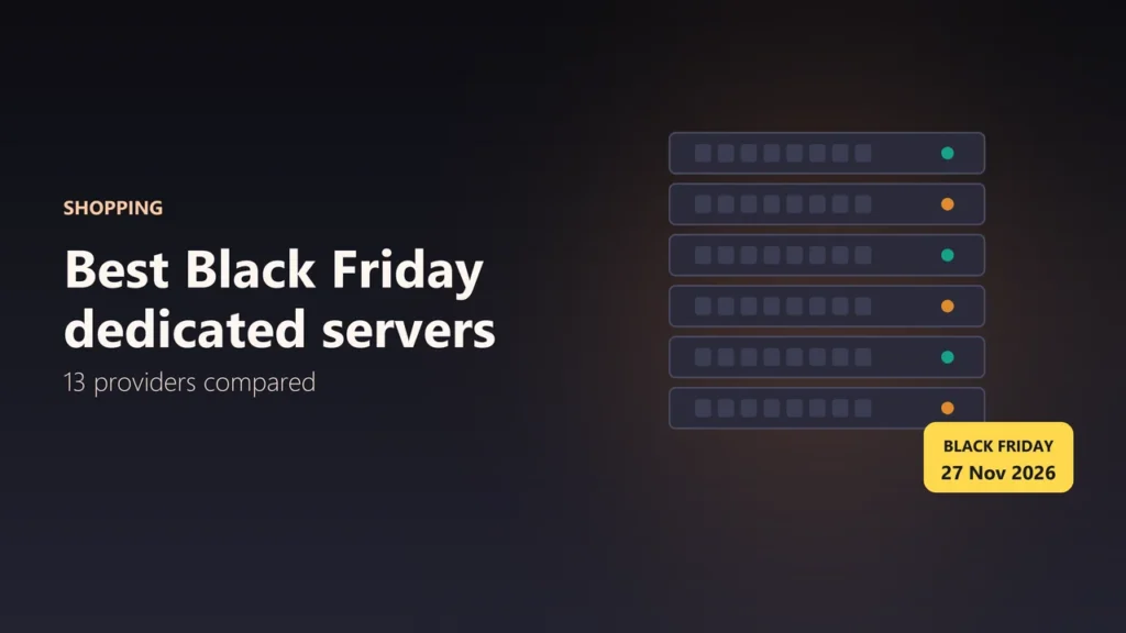 Illustration of a rack of dedicated server units with a Black Friday 27 November 2026 tag