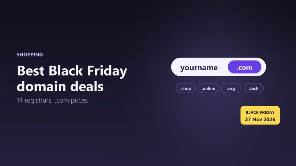 Illustration of a domain search bar with yourname.com and extensions .shop, .online, .org and .tech, with a Black Friday tag