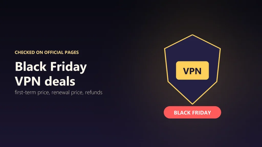 Illustration of a shield labelled VPN above a red Black Friday tag