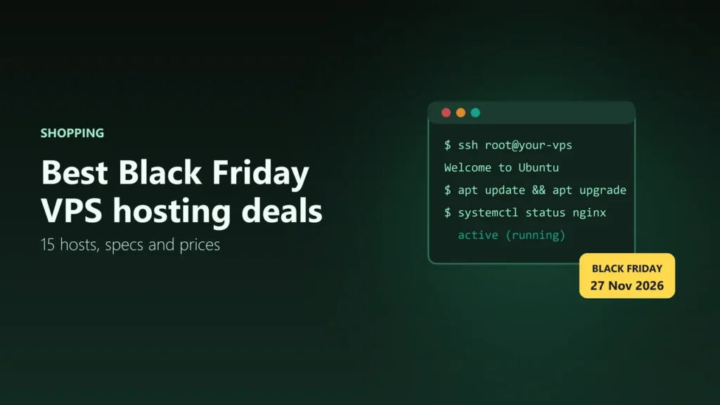 Illustration of a server terminal window with a Black Friday 27 November 2026 tag