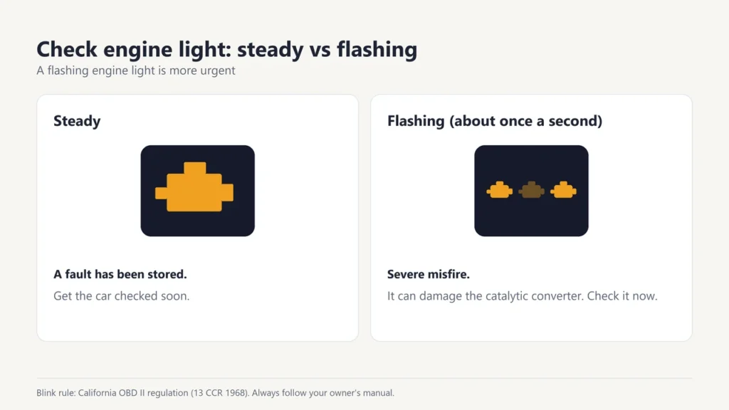 Comparison of a steady check engine light, meaning a stored fault, and a flashing one, meaning a severe misfire
