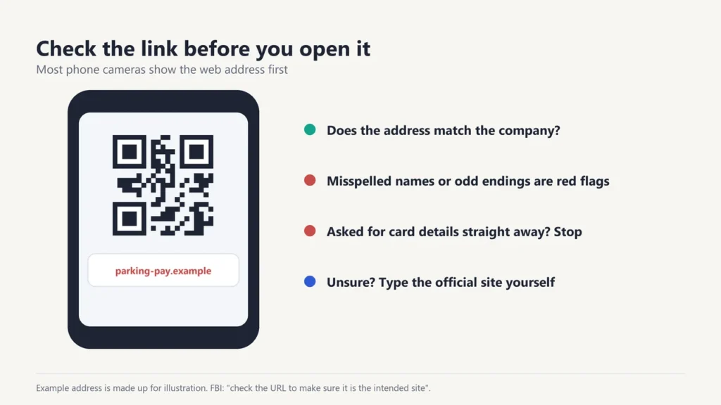 Phone showing a QR code link preview with tips for checking the web address