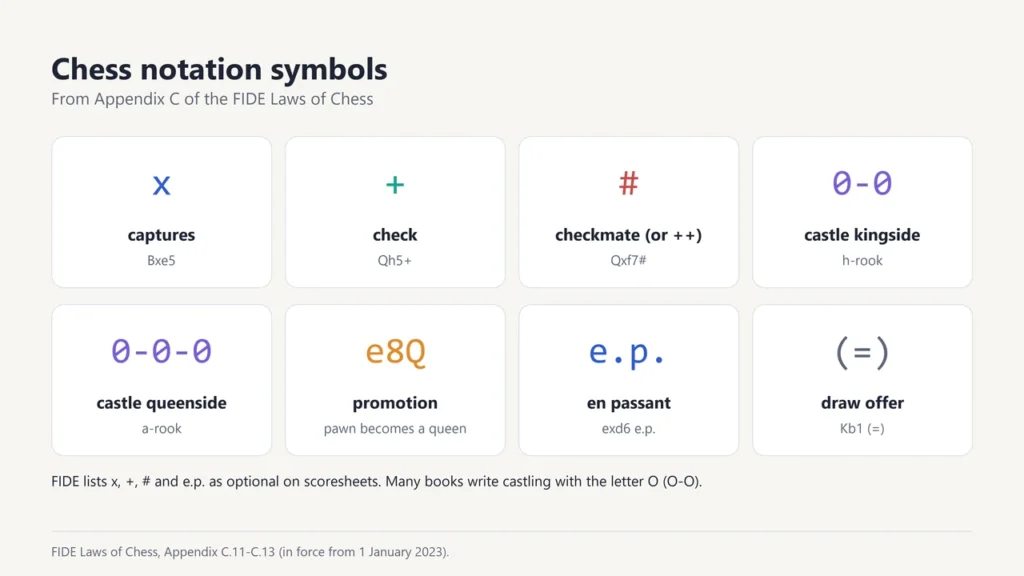 Cards of chess notation symbols: x captures, + check, # checkmate, 0-0 and 0-0-0 castling, e8Q promotion, e.p. en passant and (=) draw offer