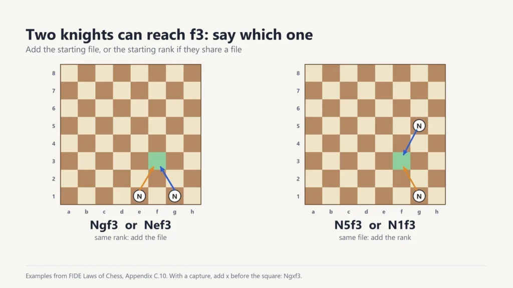 Two boards showing knights on g1 and e1 both able to reach f3, written Ngf3 or Nef3, and knights on g5 and g1, written N5f3 or N1f3