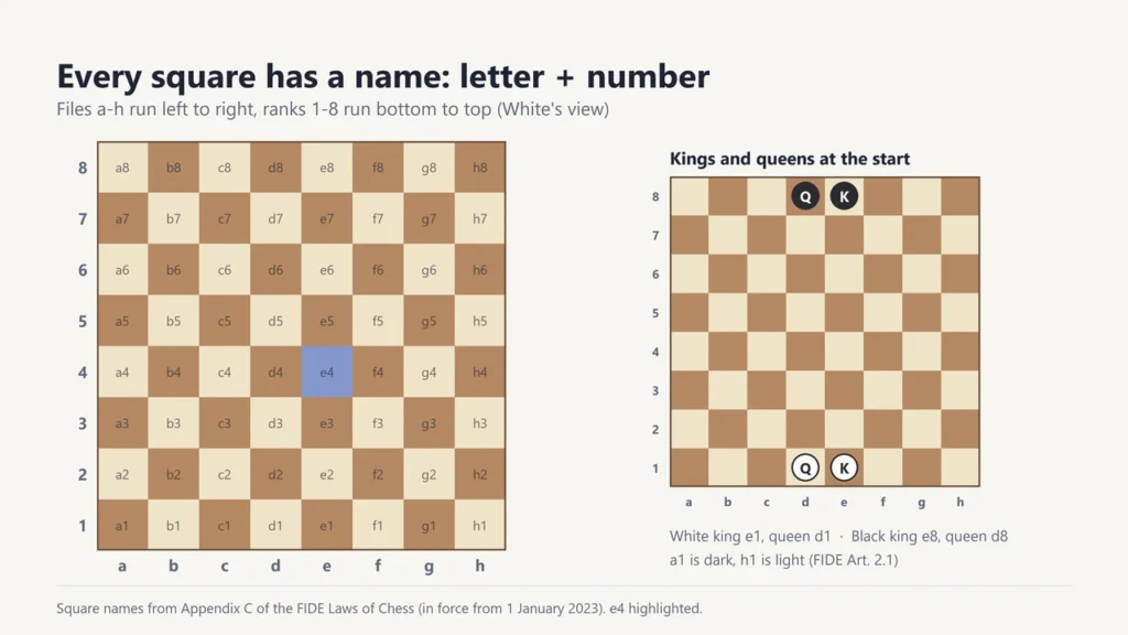 Chessboard with every square labelled from a1 to h8 and e4 highlighted, next to a board showing kings on e1 and e8 and queens on d1 and d8