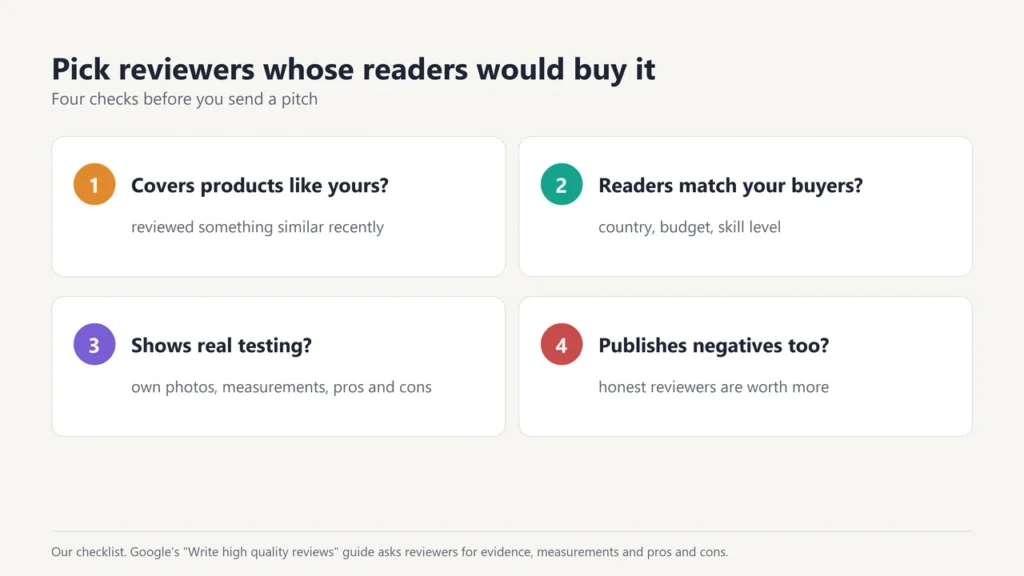 Four checks for choosing reviewers: covers products like yours, readers match your buyers, shows real testing, publishes negatives too