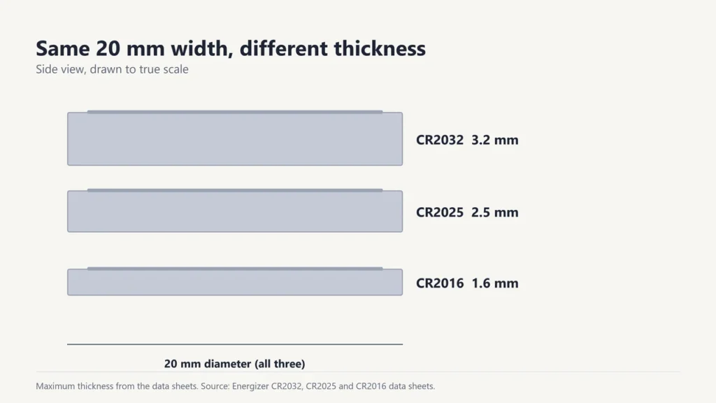 Side view drawn to scale showing CR2032 at 3.2 mm, CR2025 at 2.5 mm and CR2016 at 1.6 mm thick, all 20 mm wide