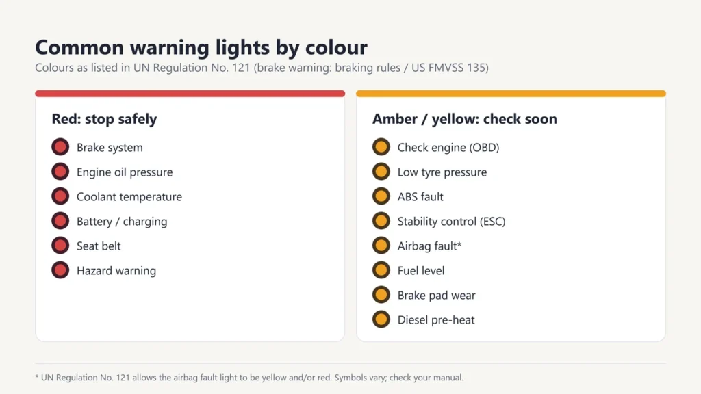 List of common red warning lights such as oil pressure and coolant temperature, and amber lights such as check engine and low tyre pressure