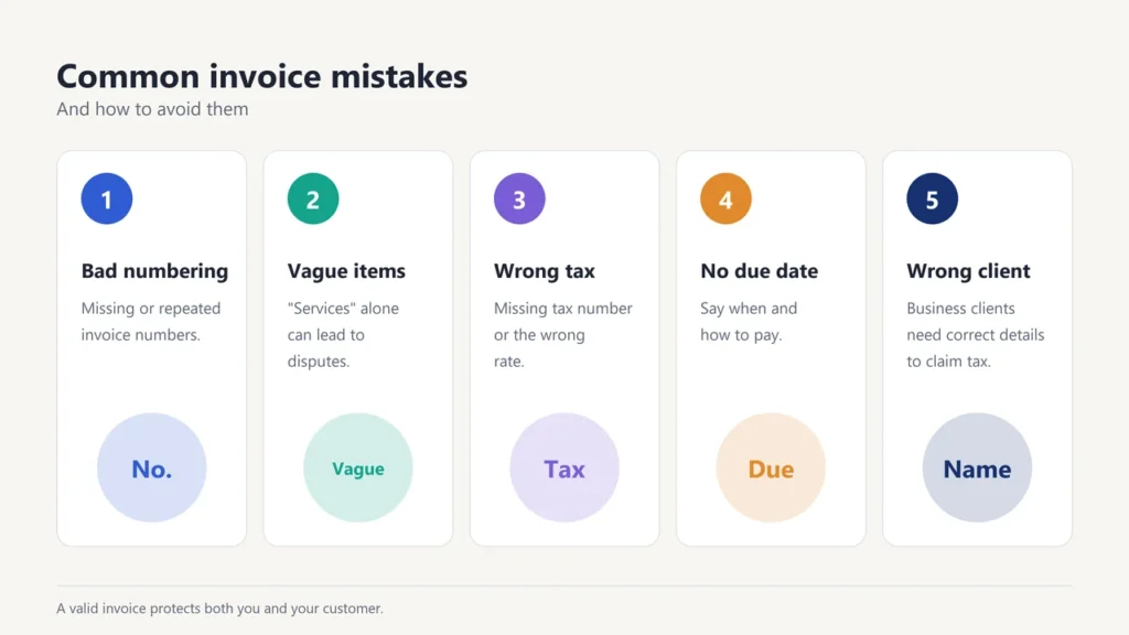 Common invoice mistakes: bad numbering, vague items, wrong tax, no due date, wrong client details