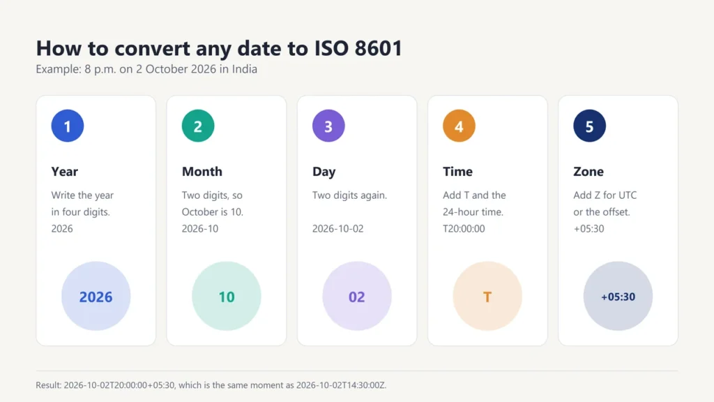 Five steps to convert a date to ISO 8601: year, month, day, time with T, and time zone, building 2026-10-02T20:00:00+05:30