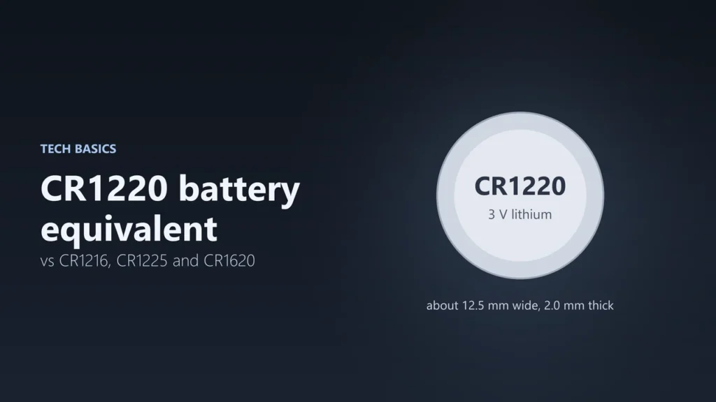 Illustration of a CR1220 3 V lithium coin battery, about 12.5 mm wide and 2.0 mm thick