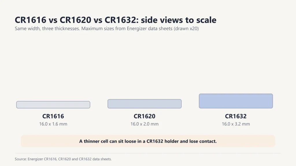 Side views to scale: CR1616 1.6 mm, CR1620 2.0 mm and CR1632 3.2 mm thick, all 16 mm wide