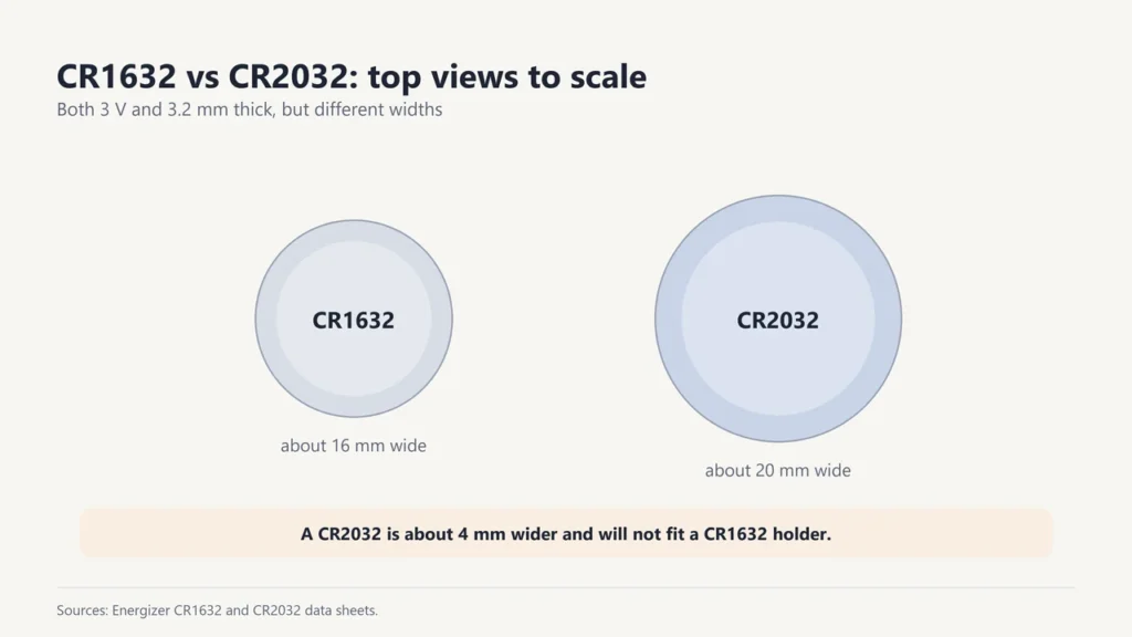 Top views to scale: CR1632 about 16 mm wide and CR2032 about 20 mm wide