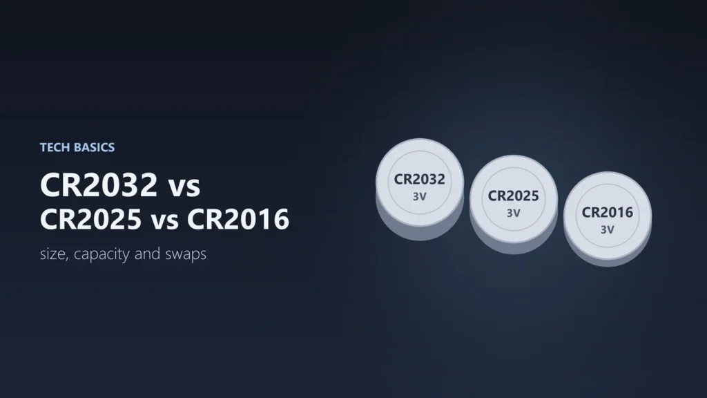 Illustration of three coin batteries labelled CR2032, CR2025 and CR2016, all 3 volts