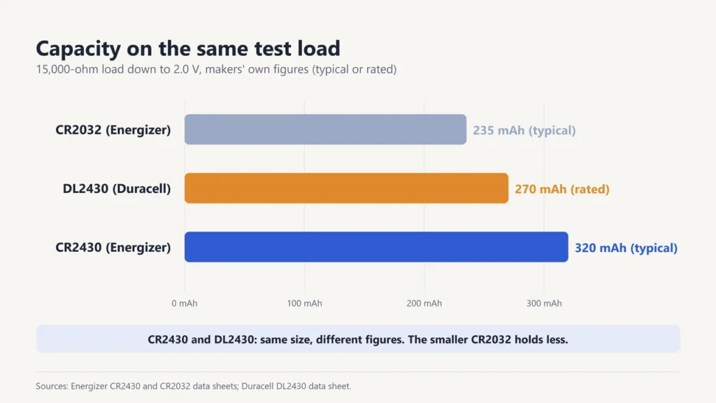 Bar chart of capacity on a 15,000-ohm load to 2.0 V: Energizer CR2032 235 mAh typical, Duracell DL2430 270 mAh rated, Energizer CR2430 320 mAh typical