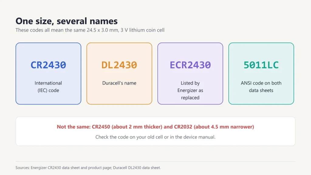 Four names for the same coin cell: CR2430, DL2430, ECR2430 and ANSI 5011LC, with a note that CR2450 and CR2032 are different sizes