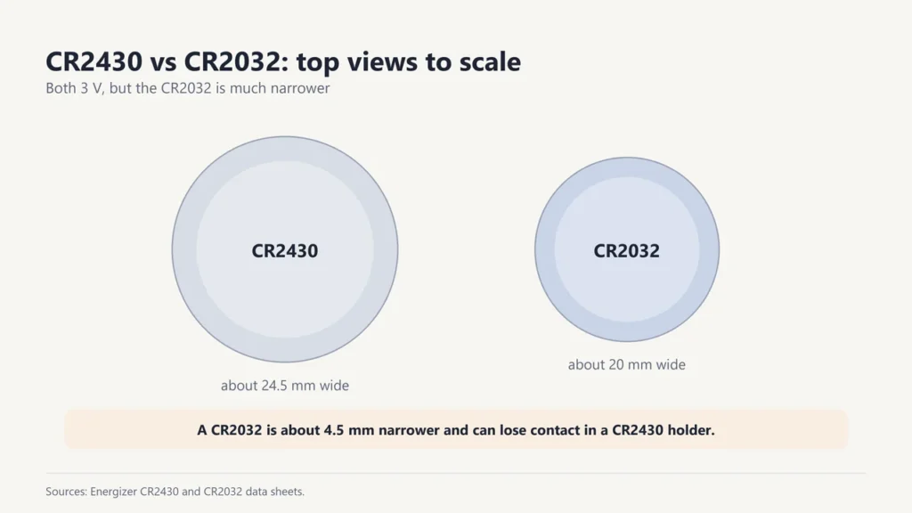 Top views to scale: CR2430 about 24.5 mm wide and CR2032 about 20 mm wide