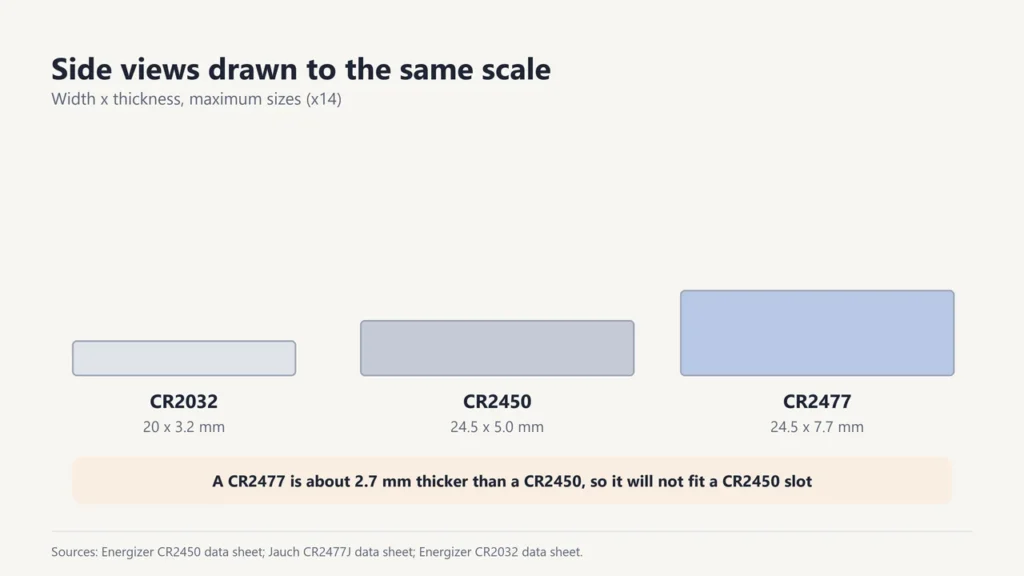 Side views to scale of CR2032 at 20 by 3.2 mm, CR2450 at 24.5 by 5.0 mm and CR2477 at 24.5 by 7.7 mm
