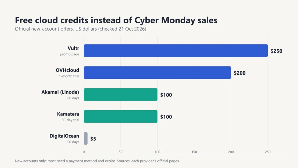 Bar chart of free cloud credits for new users: Vultr $250, OVHcloud $200, Linode $100, Kamatera $100, DigitalOcean $5