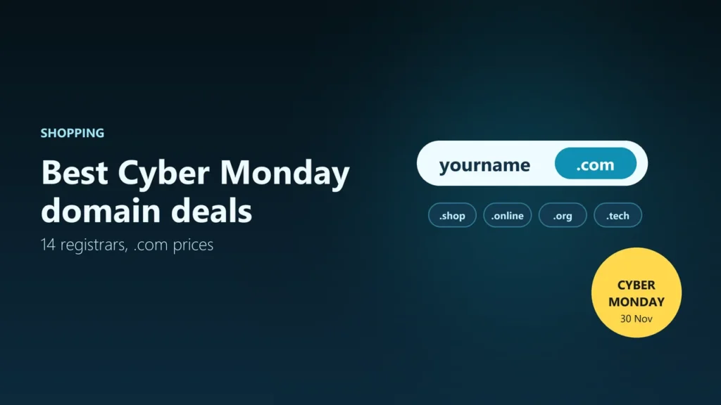Illustration of a domain search bar with yourname.com and extensions, with a Cyber Monday 30 November tag