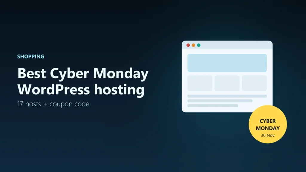 Illustration of a website layout in a browser window with a Cyber Monday 30 November tag