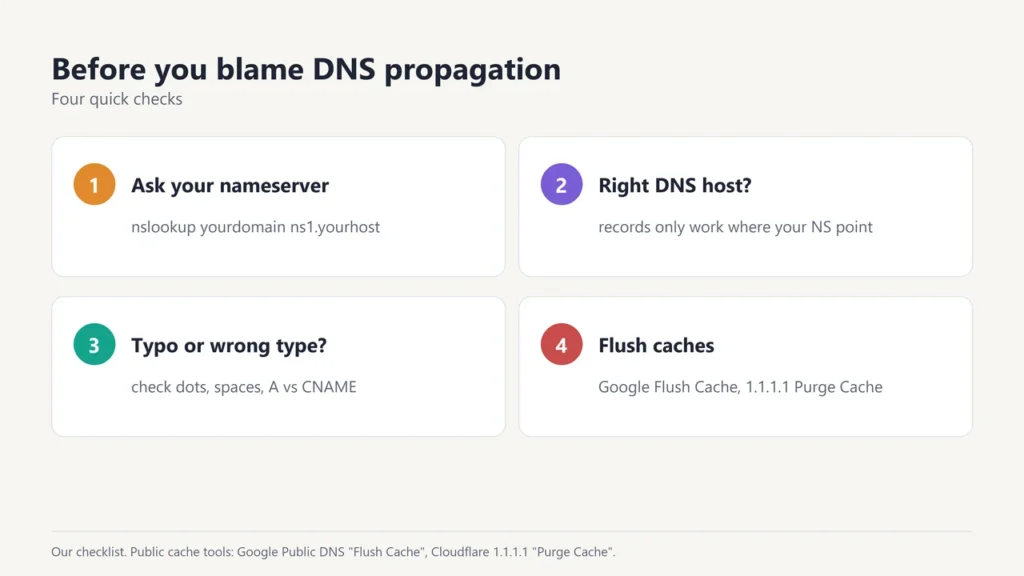 Checklist: ask your own nameserver, confirm the right DNS host, check for typos or wrong record types, flush Google and Cloudflare caches