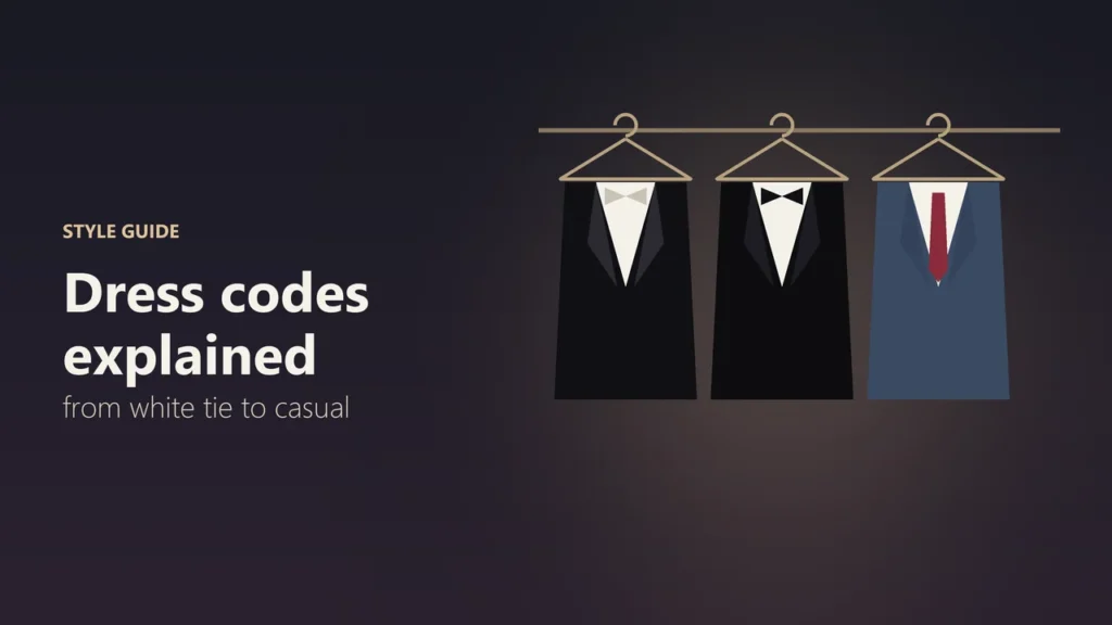 Illustration of three formal jackets on hangers: a white tie tailcoat, a black tie dinner jacket and a navy suit with a red tie