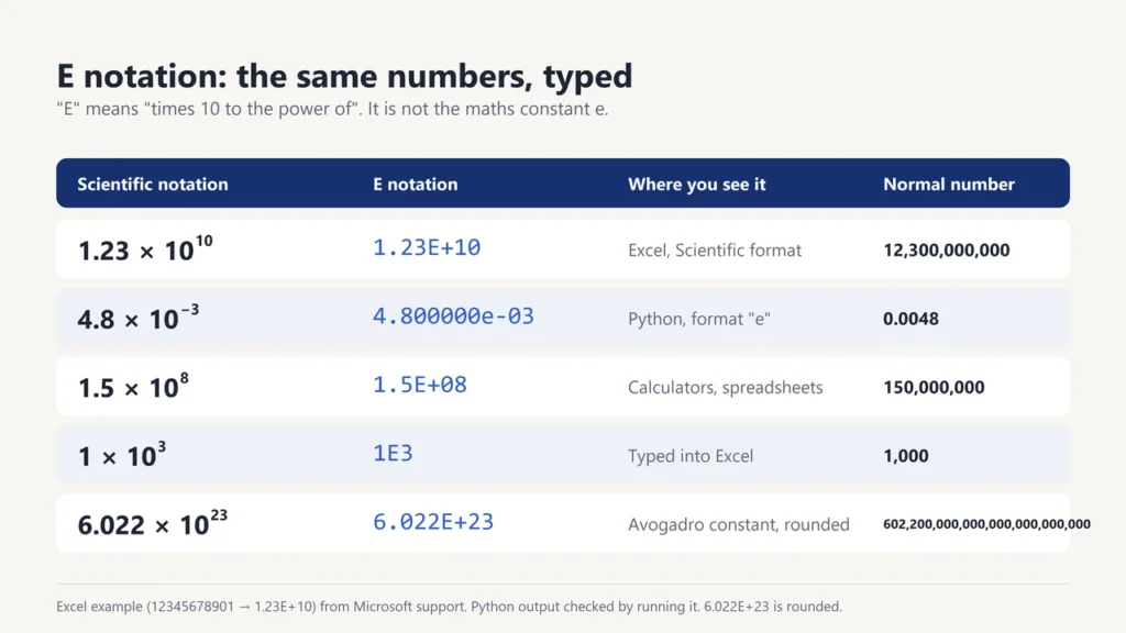 Table matching scientific notation to E notation, such as 1.23 × 10 to the 10th shown as 1.23E+10 in Excel and 4.8 × 10 to the minus 3rd printed as 4.800000e-03 in Python