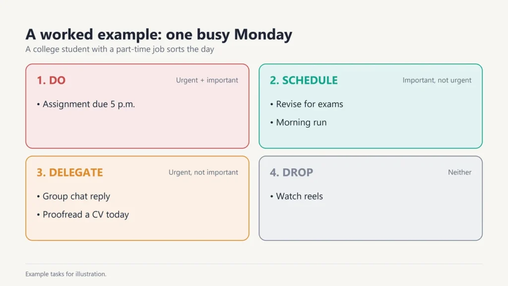 Worked Eisenhower Matrix example for a student's busy Monday sorted into do, schedule, delegate and drop