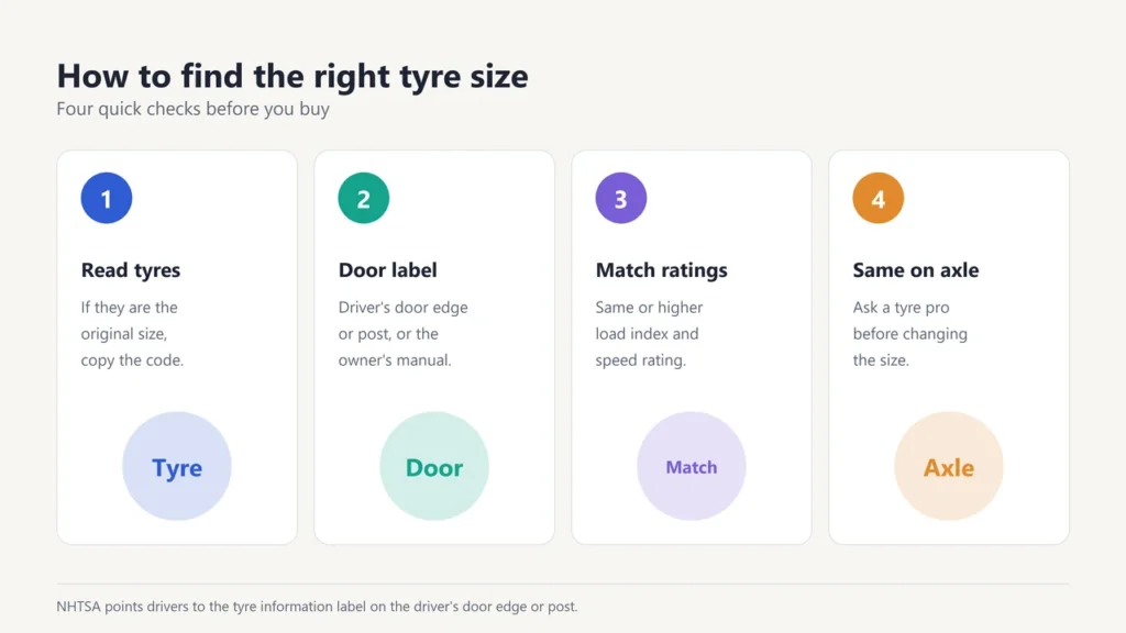 Four checks to find the right tyre size: read your tyres, check the door label, match ratings, same size on each axle