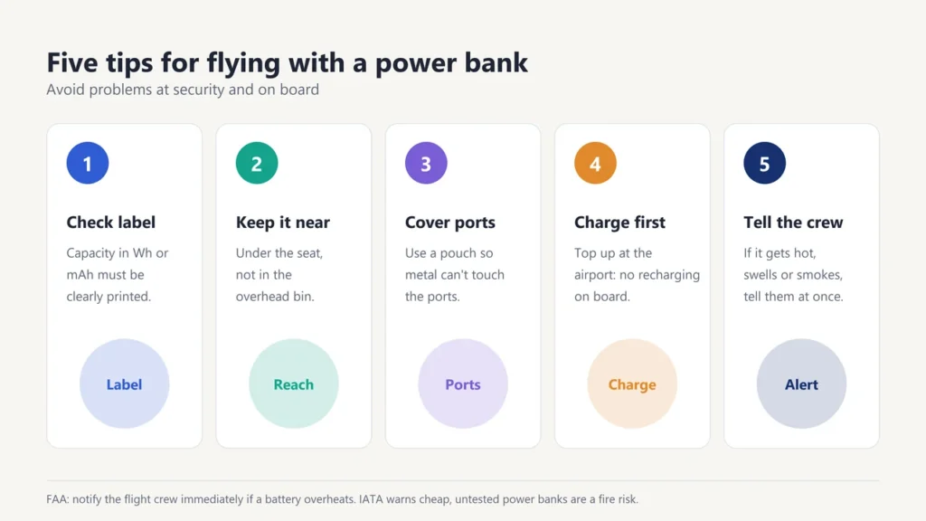 Five tips for flying with a power bank: check the label, keep it near, cover the ports, charge first, tell the crew
