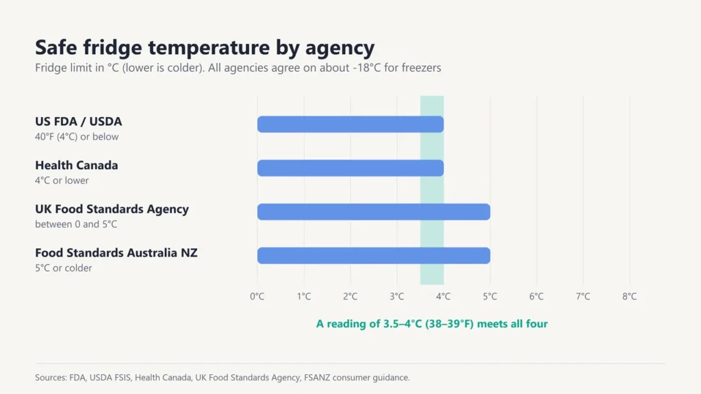 Bar chart of the maximum fridge temperature advised by the US FDA and USDA, Health Canada, the UK Food Standards Agency and FSANZ