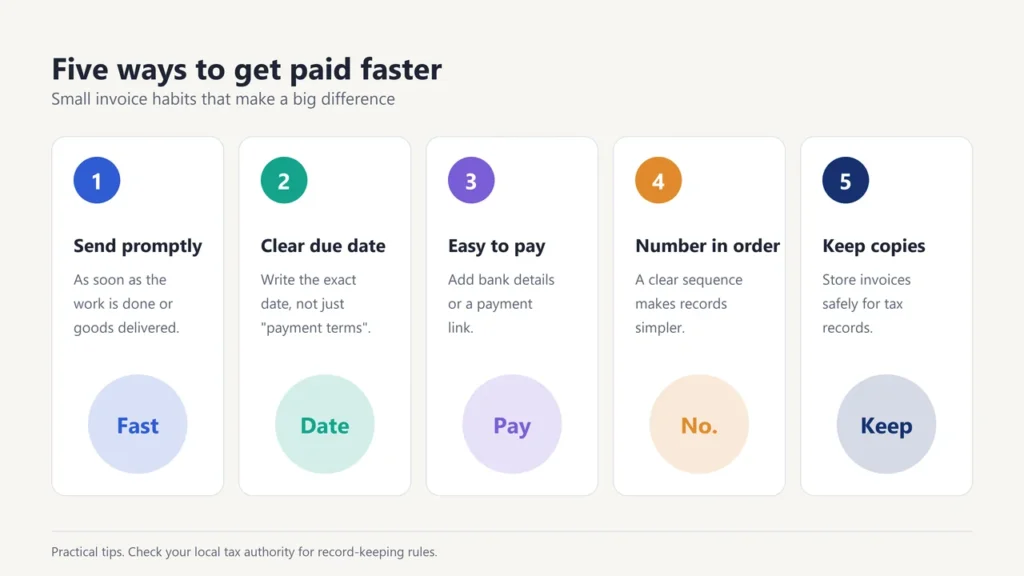 Five ways to get paid faster: send promptly, clear due date, easy payment, numbered invoices, keep copies