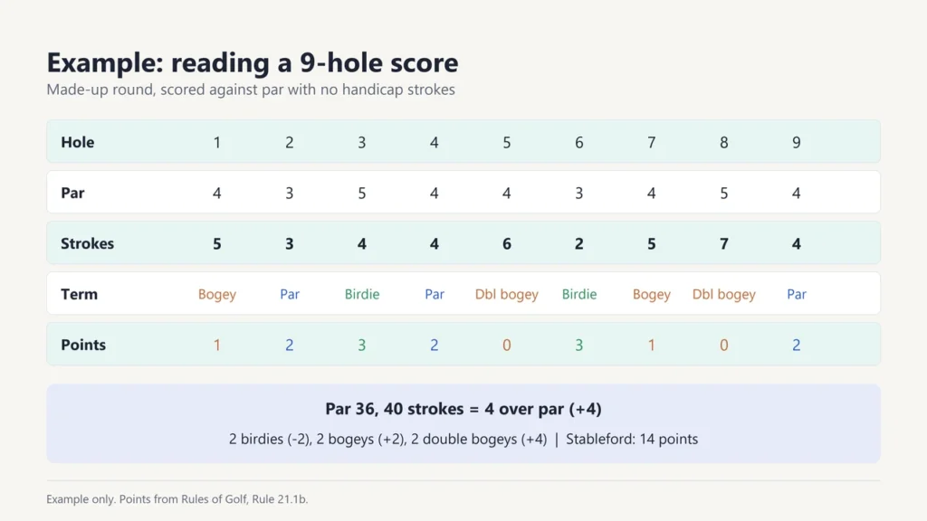 Example 9-hole score with par, strokes, scoring term and Stableford points for each hole: par 36, 40 strokes, 4 over par, 14 points