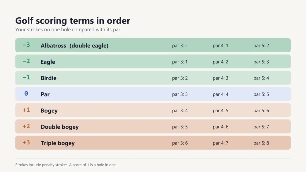 Golf scoring terms from albatross at 3 under par to triple bogey at 3 over, with the matching strokes on par-3, par-4 and par-5 holes